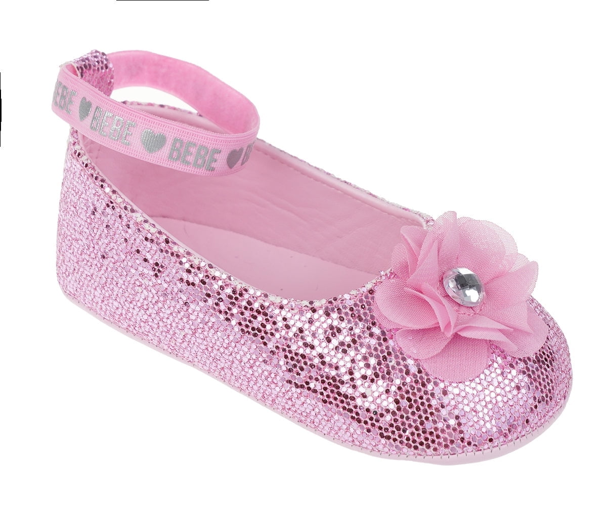 bebe Girl's Infant Flat Shoes with Metallic Shimmer, Glitter and Rhinestone - Flats For Infants, Light Pink, 1
